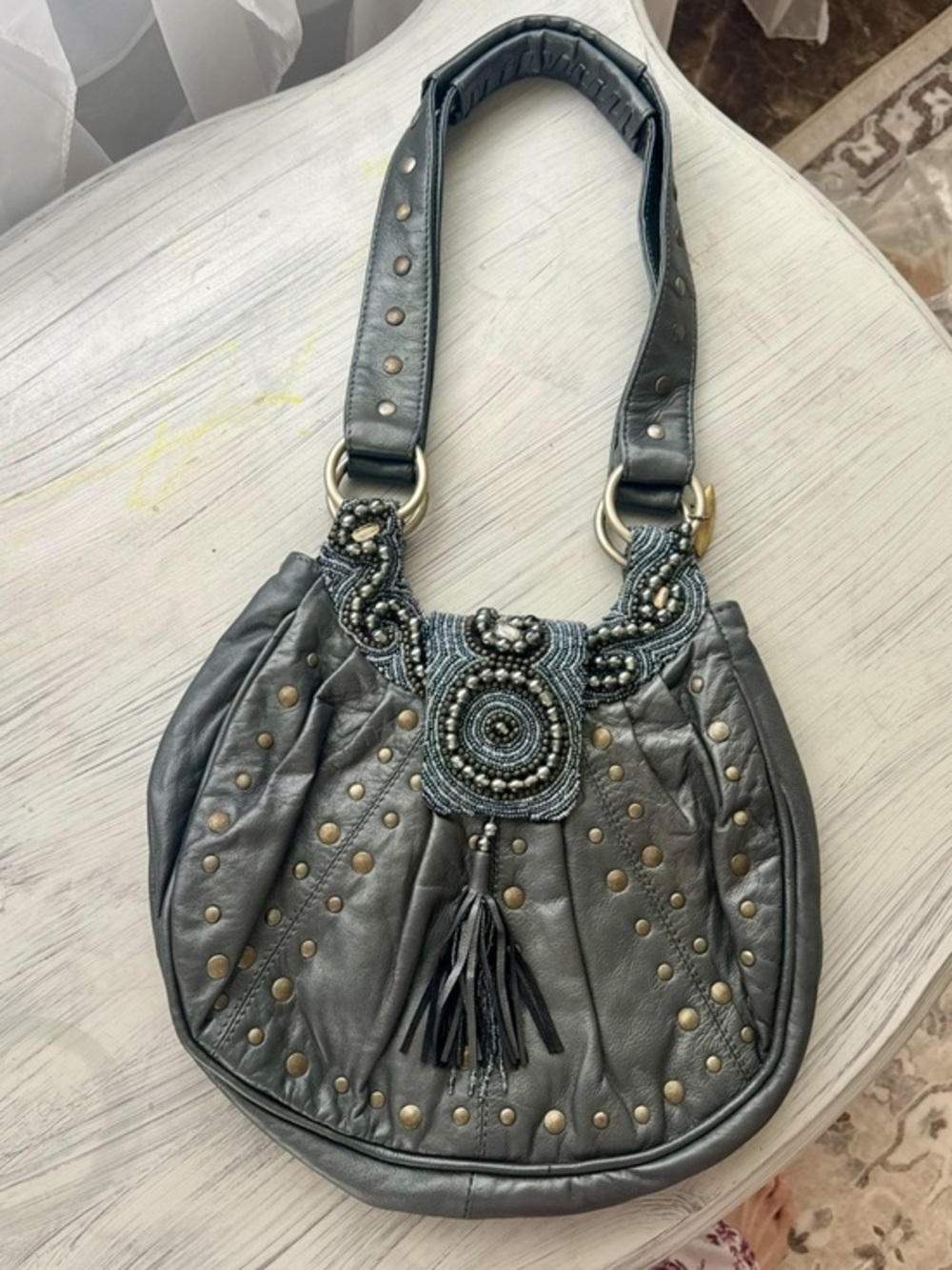Mary Frances Embellished Leather Studded Hobo Bag Beaded Boho Purse